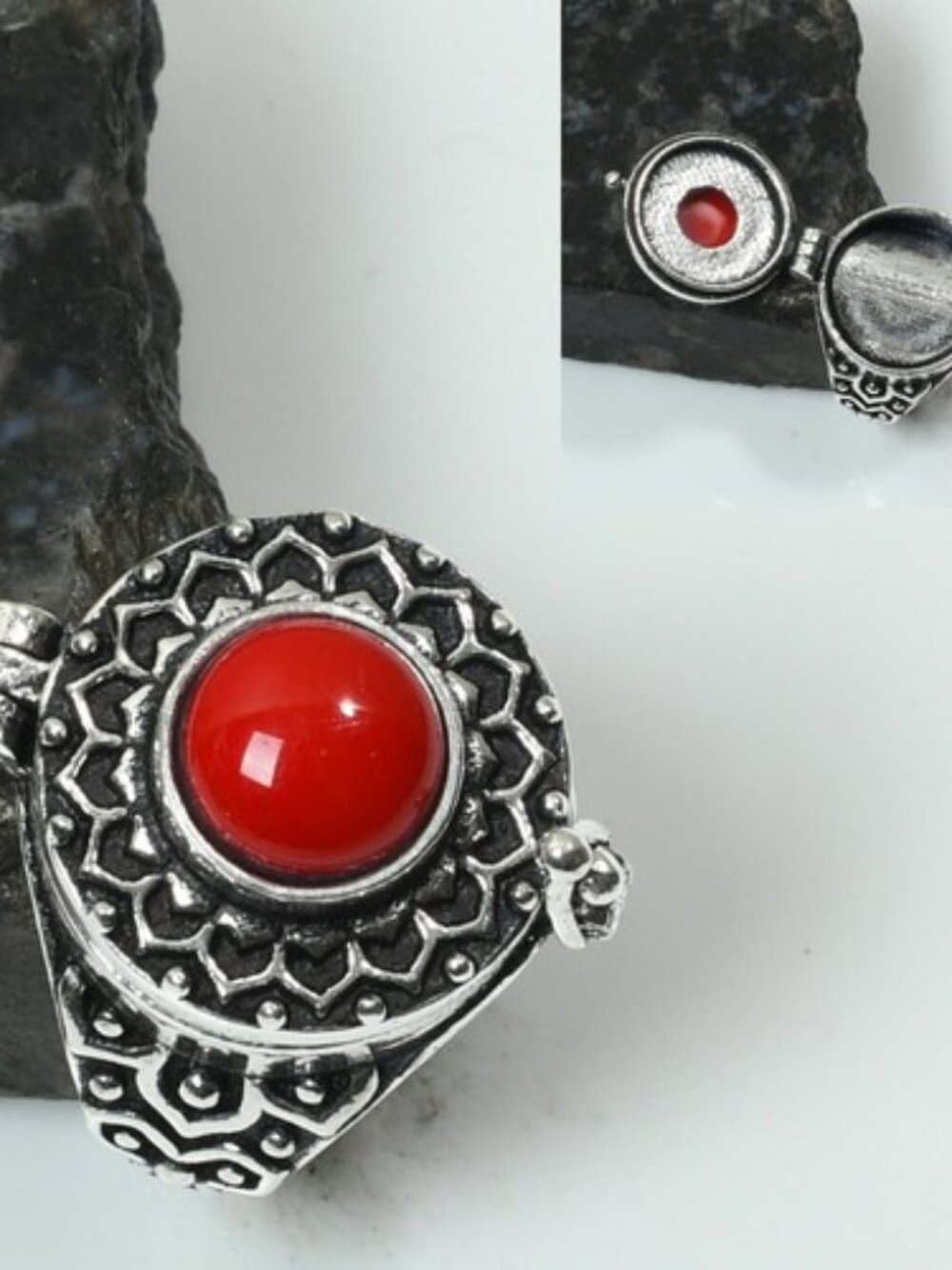 Coral Gemstone Sterling Silver Poison Ring Size 6.5